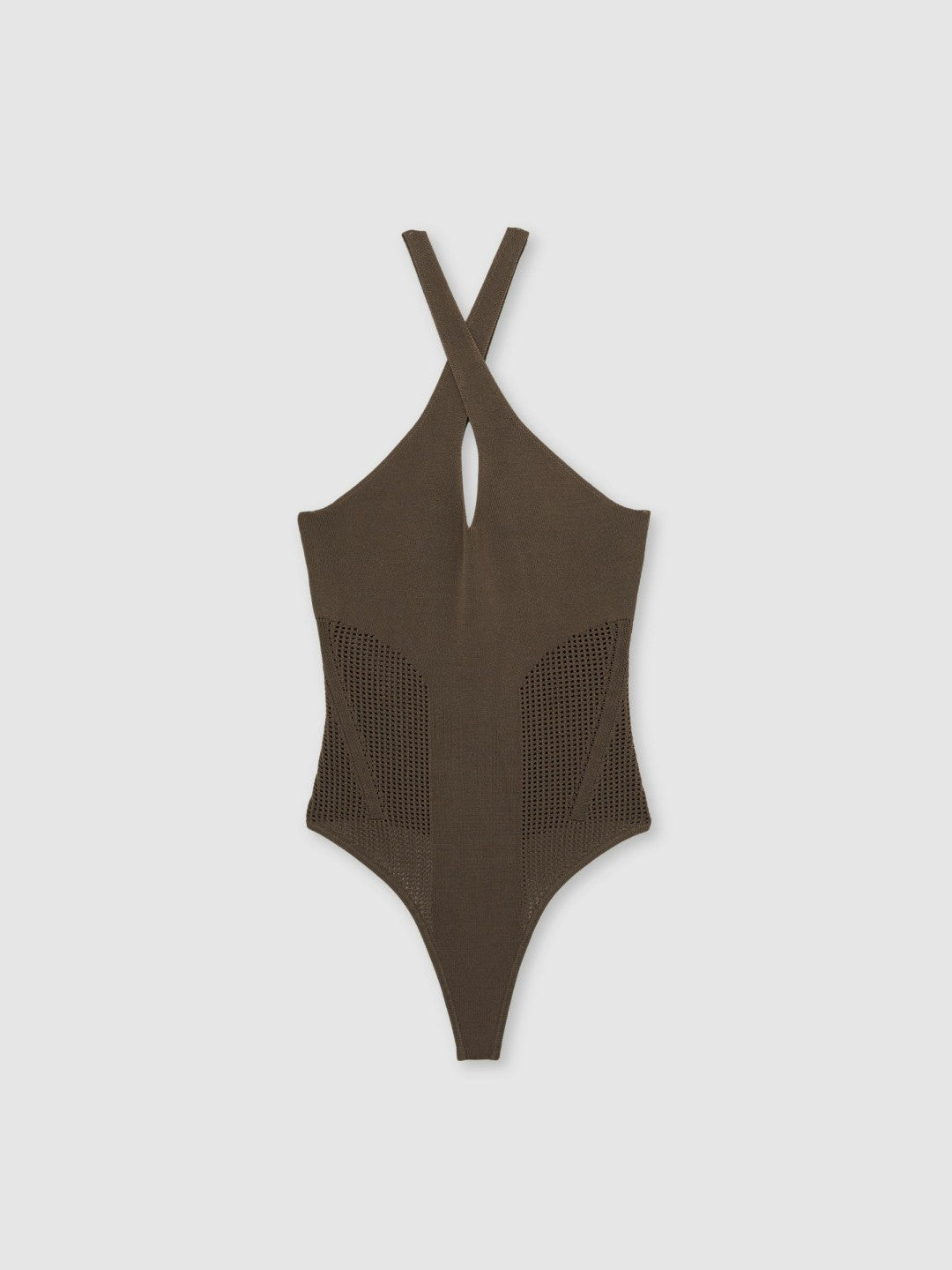 Women Perforated-Knit Cross-Strap Bodysuit in Mink
