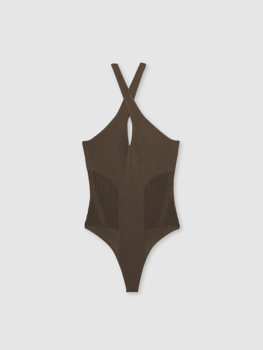 Women Perforated-Knit Cross-Strap Bodysuit in Mink