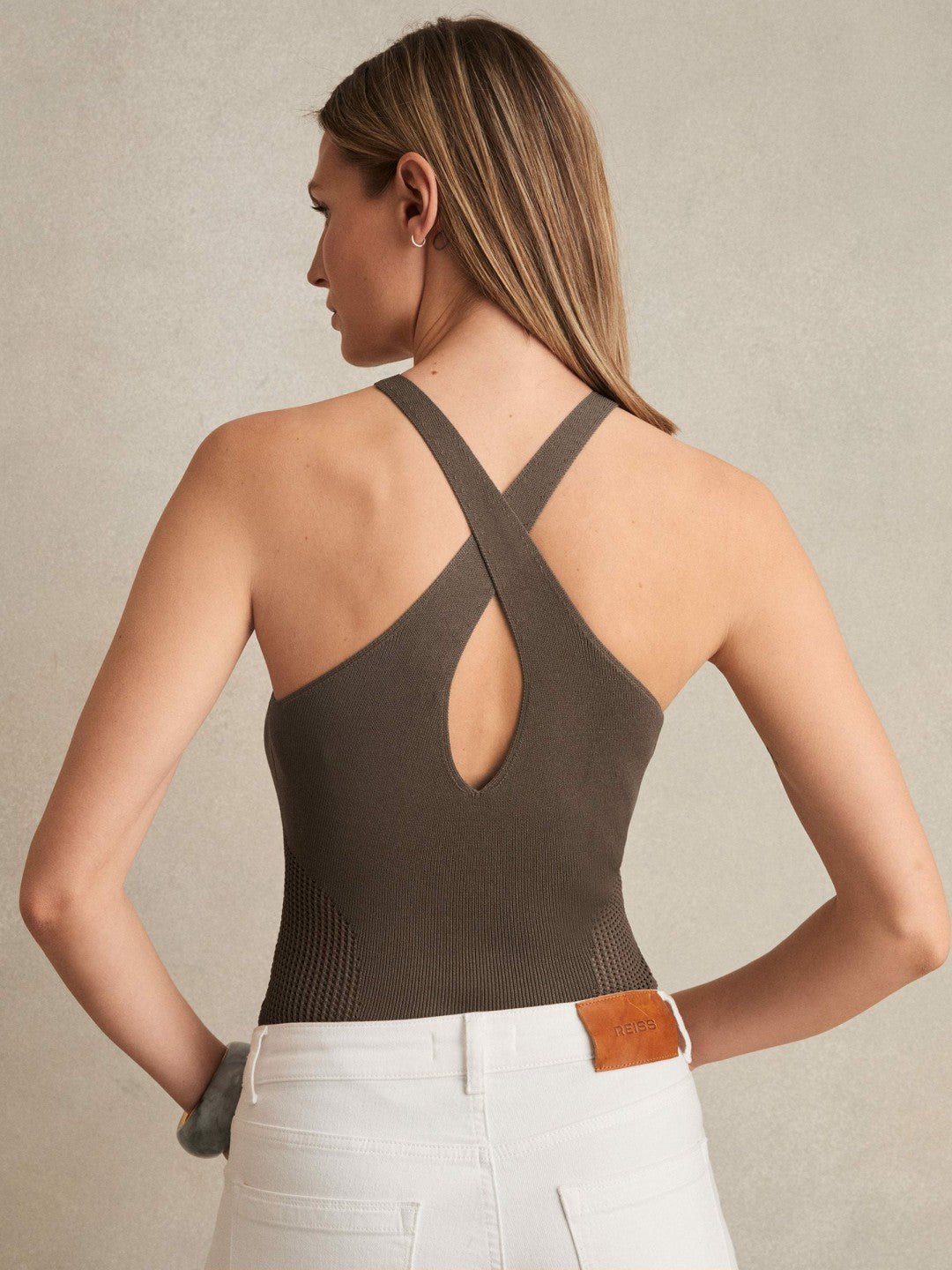 Women Perforated-Knit Cross-Strap Bodysuit in Mink