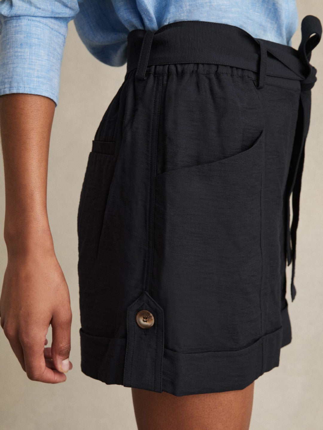 Women Belted Button Tab Shorts in Navy