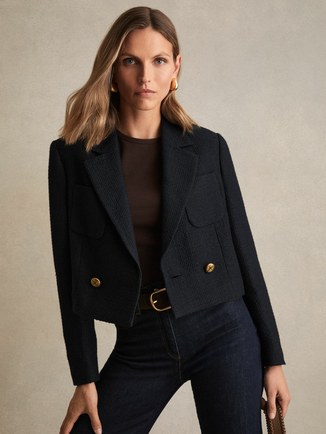 Women Double-Breasted Textured Cropped Blazer with Wool and Cotton in Navy