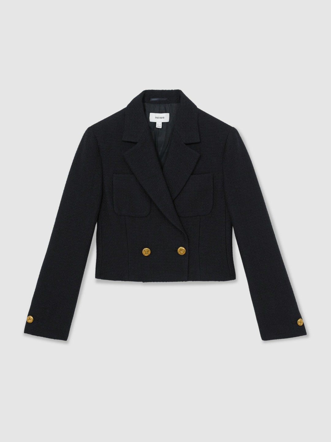 Women Double-Breasted Textured Cropped Blazer with Wool and Cotton in Navy