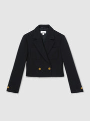 Women Double-Breasted Textured Cropped Blazer with Wool and Cotton in Navy