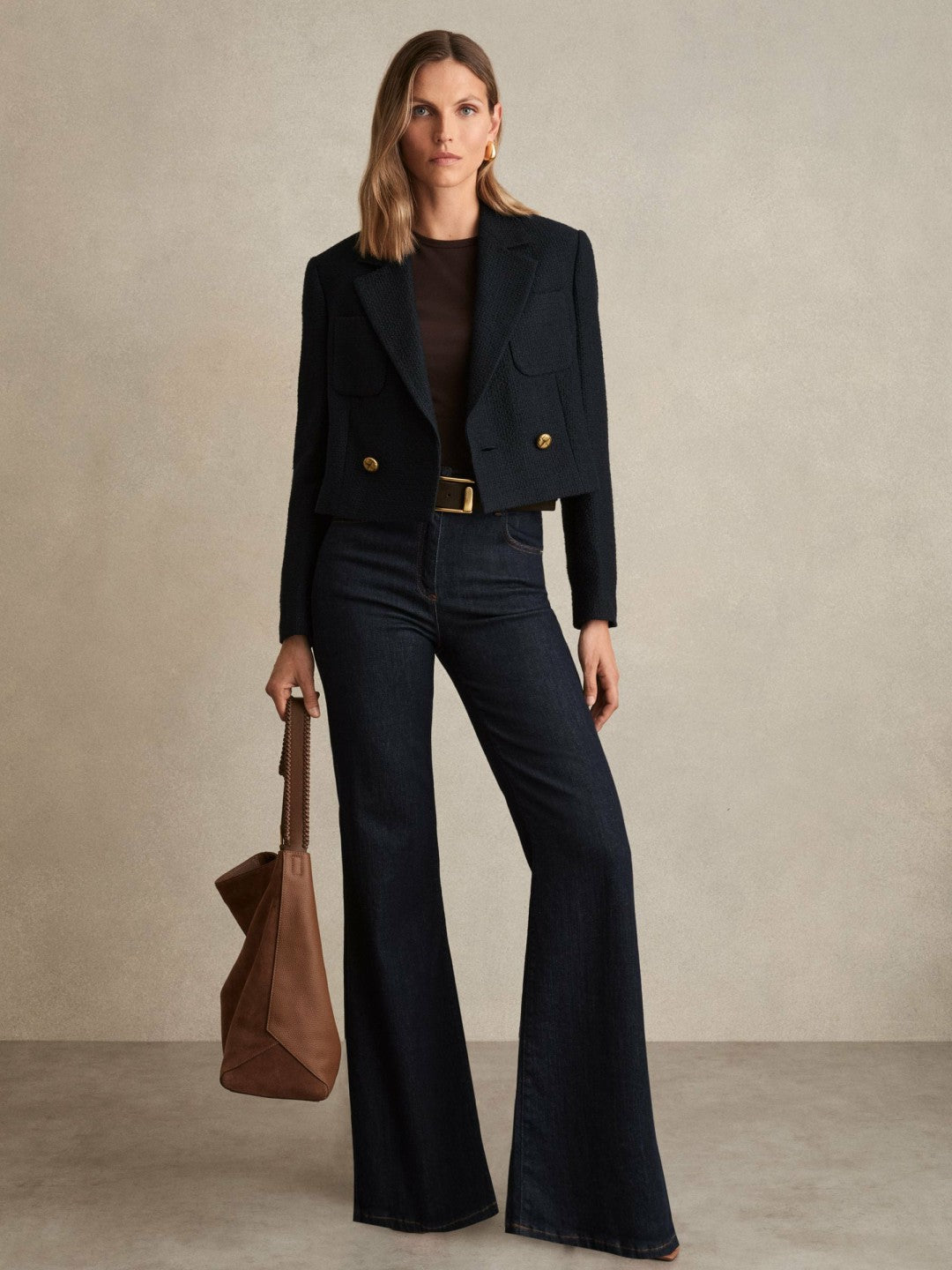 Women Double-Breasted Textured Cropped Blazer with Wool and Cotton in Navy