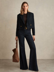 Women Double-Breasted Textured Cropped Blazer with Wool and Cotton in Navy
