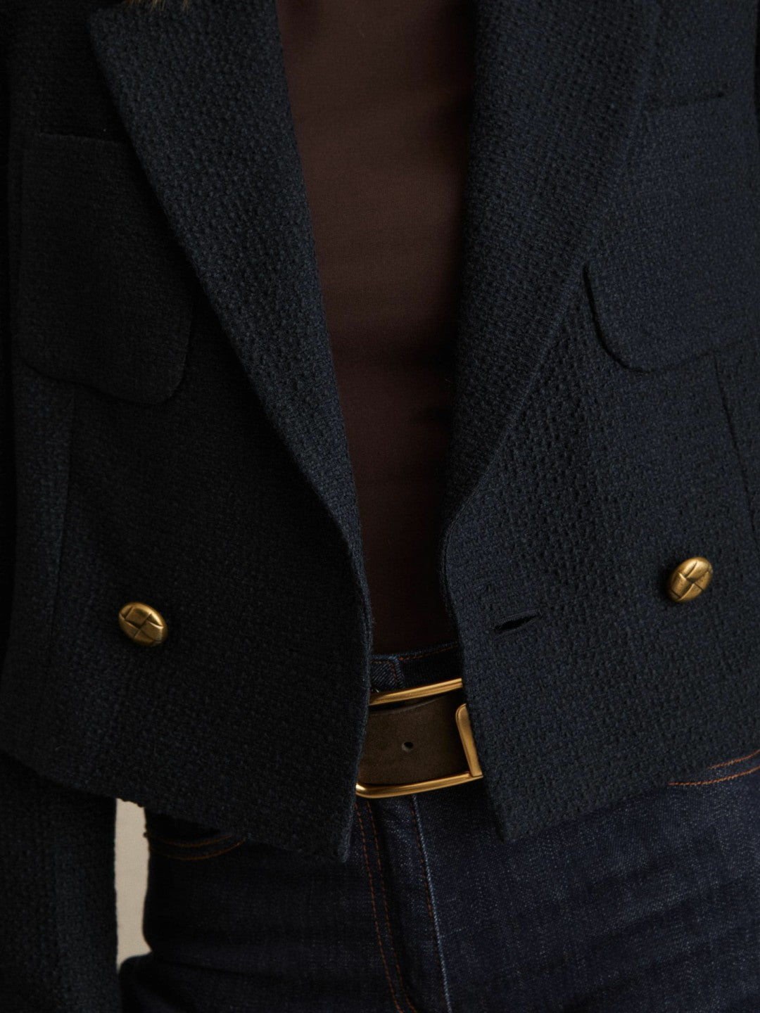 Women Double-Breasted Textured Cropped Blazer with Wool and Cotton in Navy