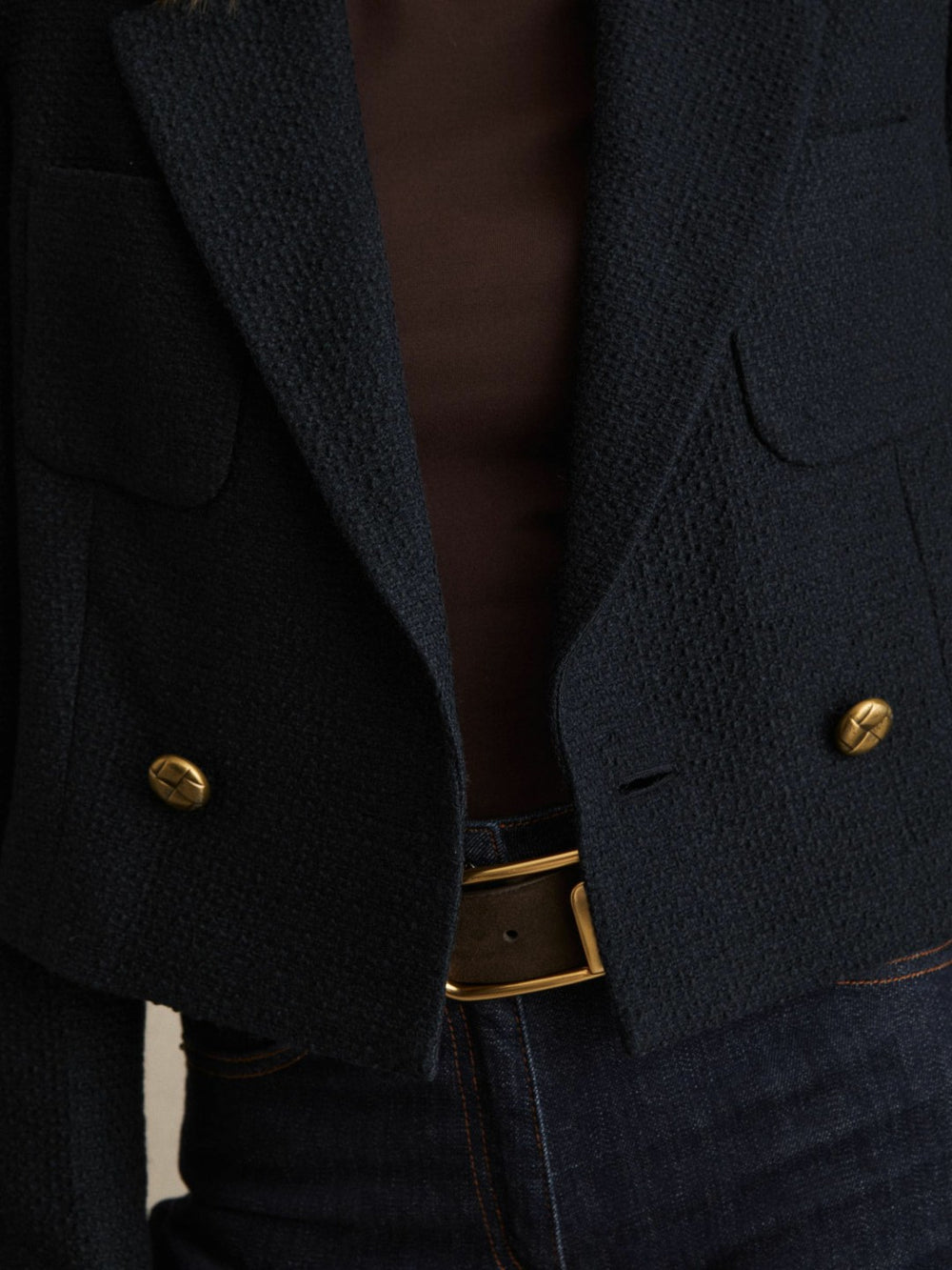 Women Double-Breasted Textured Cropped Blazer with Wool and Cotton in Navy