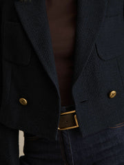 Women Double-Breasted Textured Cropped Blazer with Wool and Cotton in Navy