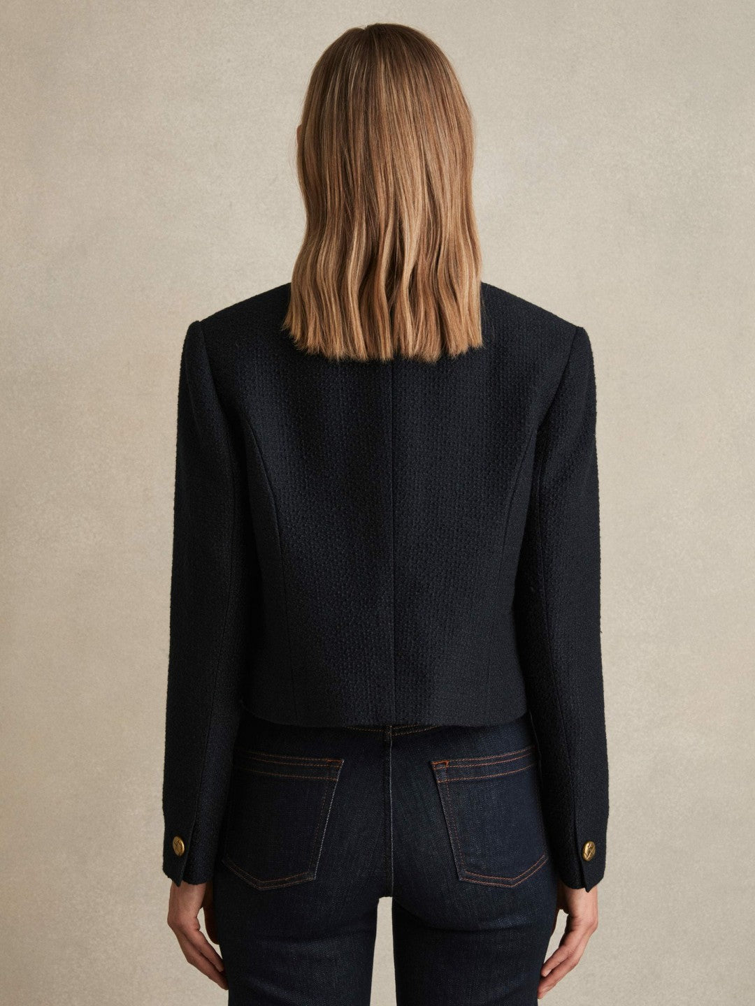 Women Double-Breasted Textured Cropped Blazer with Wool and Cotton in Navy