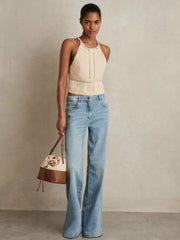 Women Cotton Crochet Tie-Back Cropped Top in Cream
