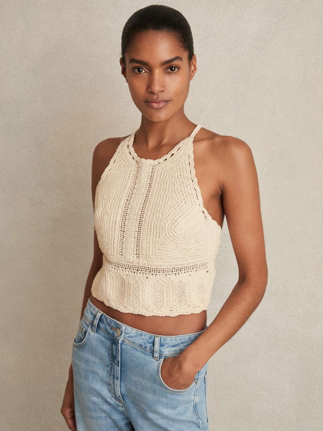 Women Cotton Crochet Tie-Back Cropped Top in Cream