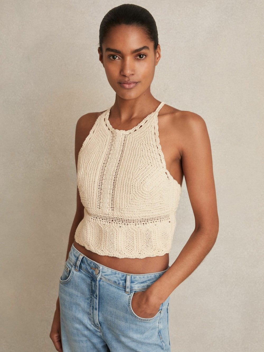 Women Cotton Crochet Tie-Back Cropped Top in Cream