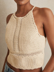 Women Cotton Crochet Tie-Back Cropped Top in Cream