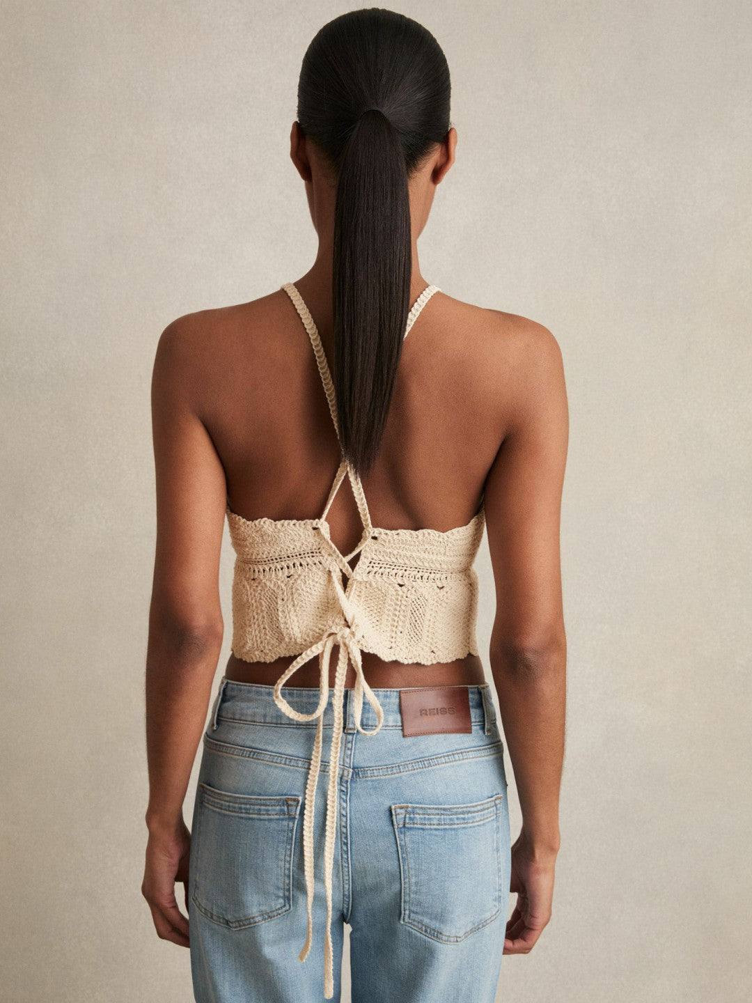 Women Cotton Crochet Tie-Back Cropped Top in Cream