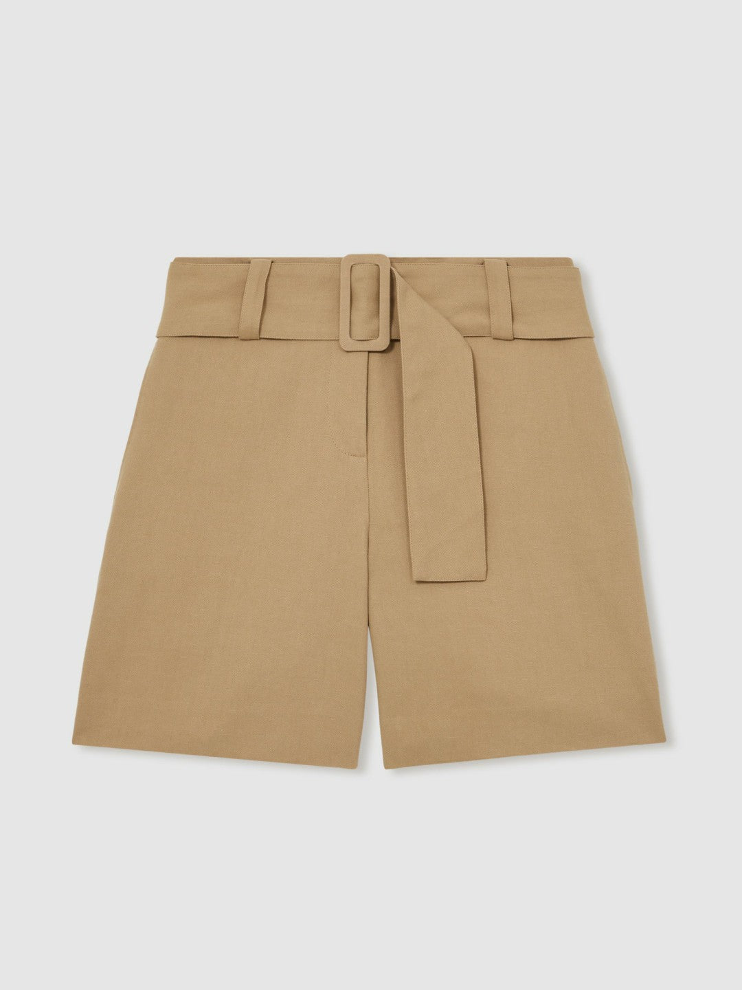 Women Cotton-Blend Belted Shorts With Linen in Camel