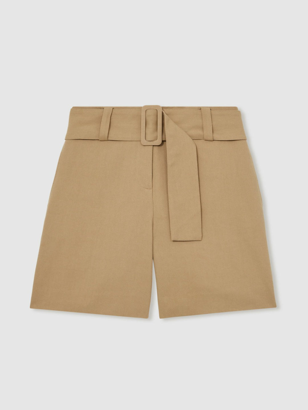 Women Cotton-Blend Belted Shorts With Linen in Camel
