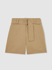 Women Cotton-Blend Belted Shorts With Linen in Camel