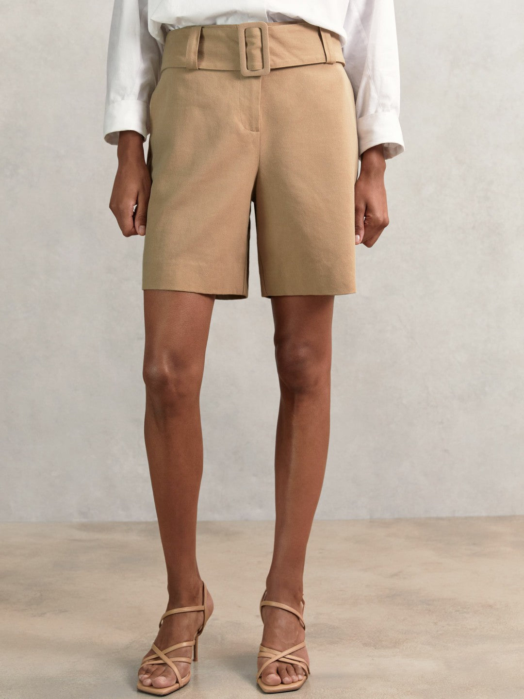 Women Cotton-Blend Belted Shorts With Linen in Camel