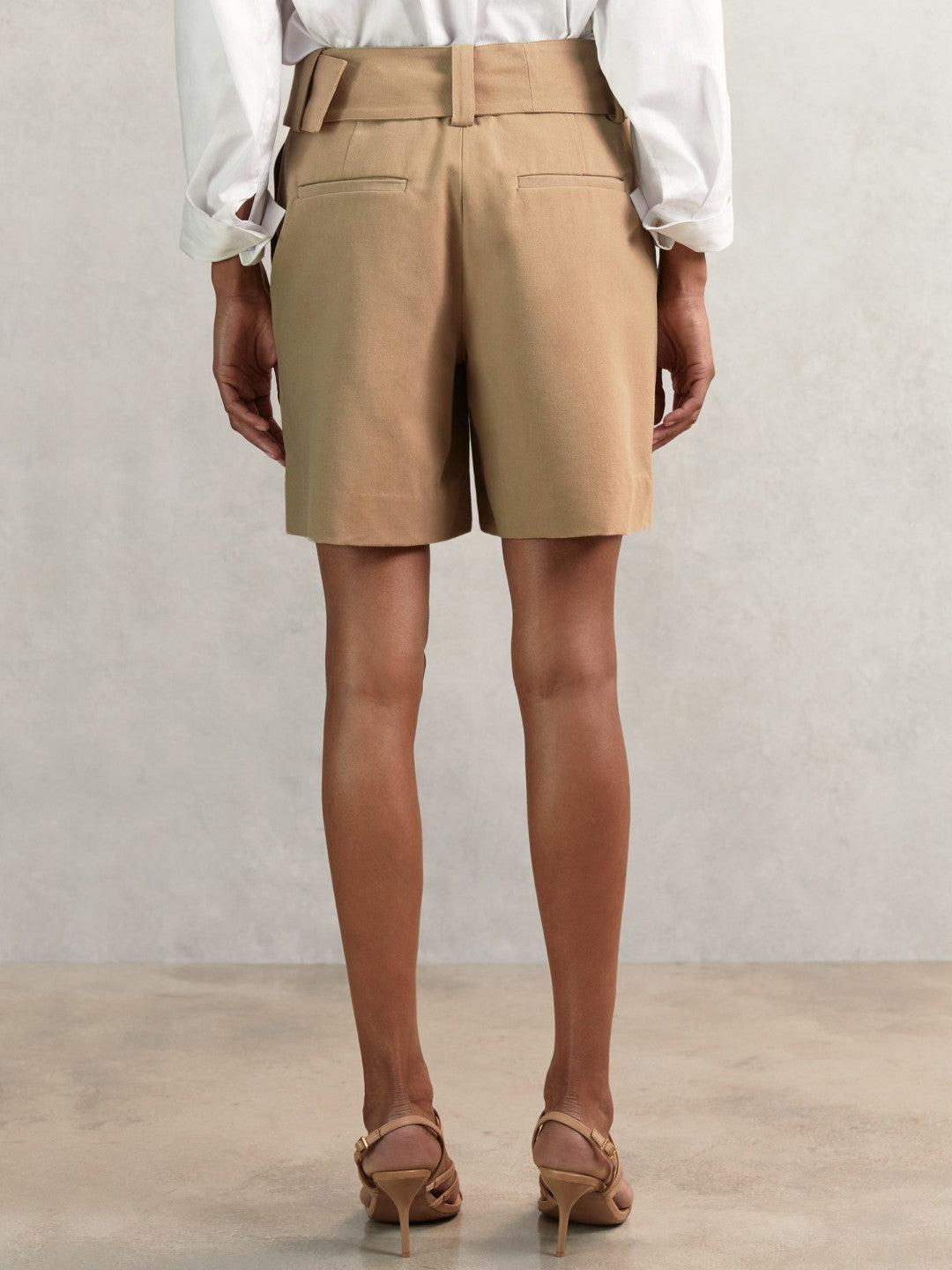 Women Cotton-Blend Belted Shorts With Linen in Camel