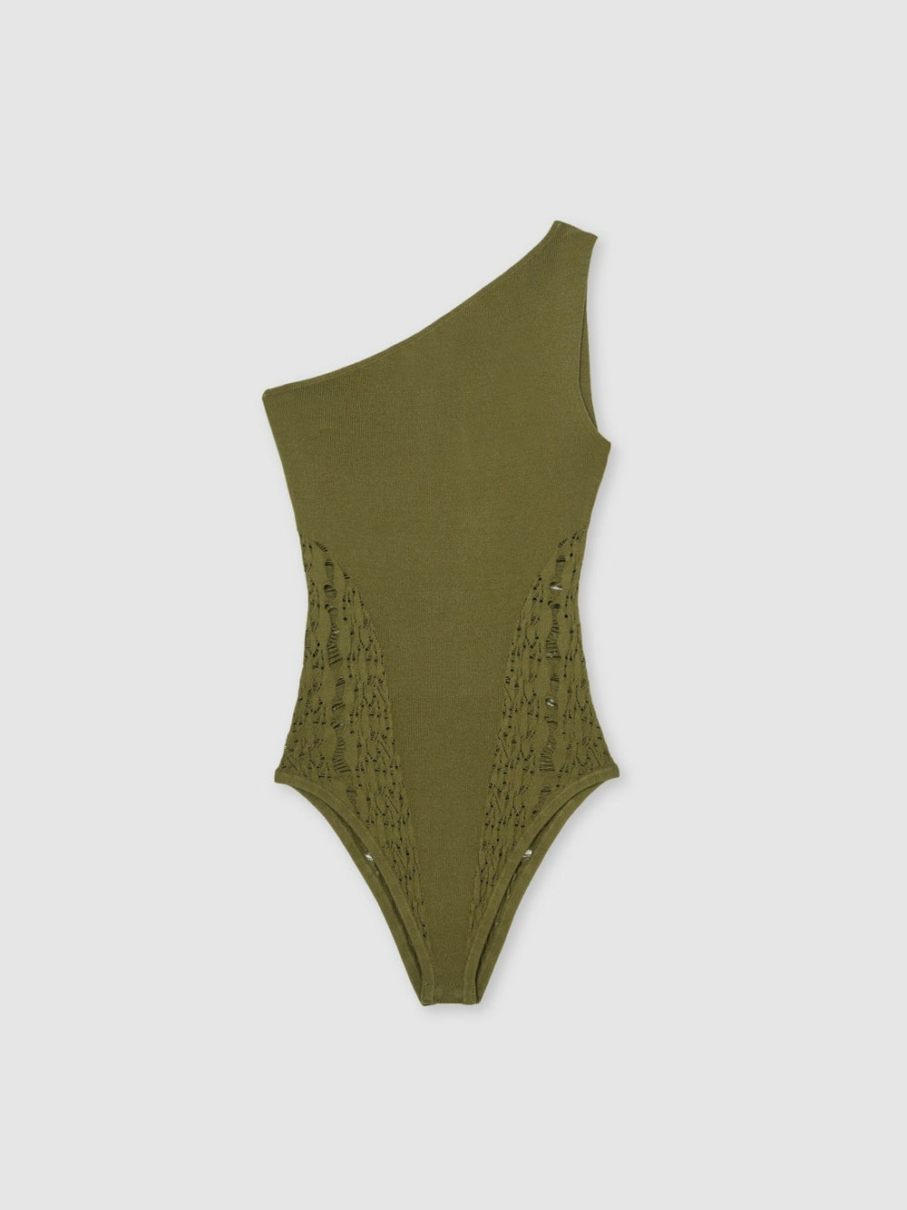 Women Lace-Knit Detail One-Shoulder Bodysuit in Green