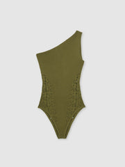 Women Lace-Knit Detail One-Shoulder Bodysuit in Green