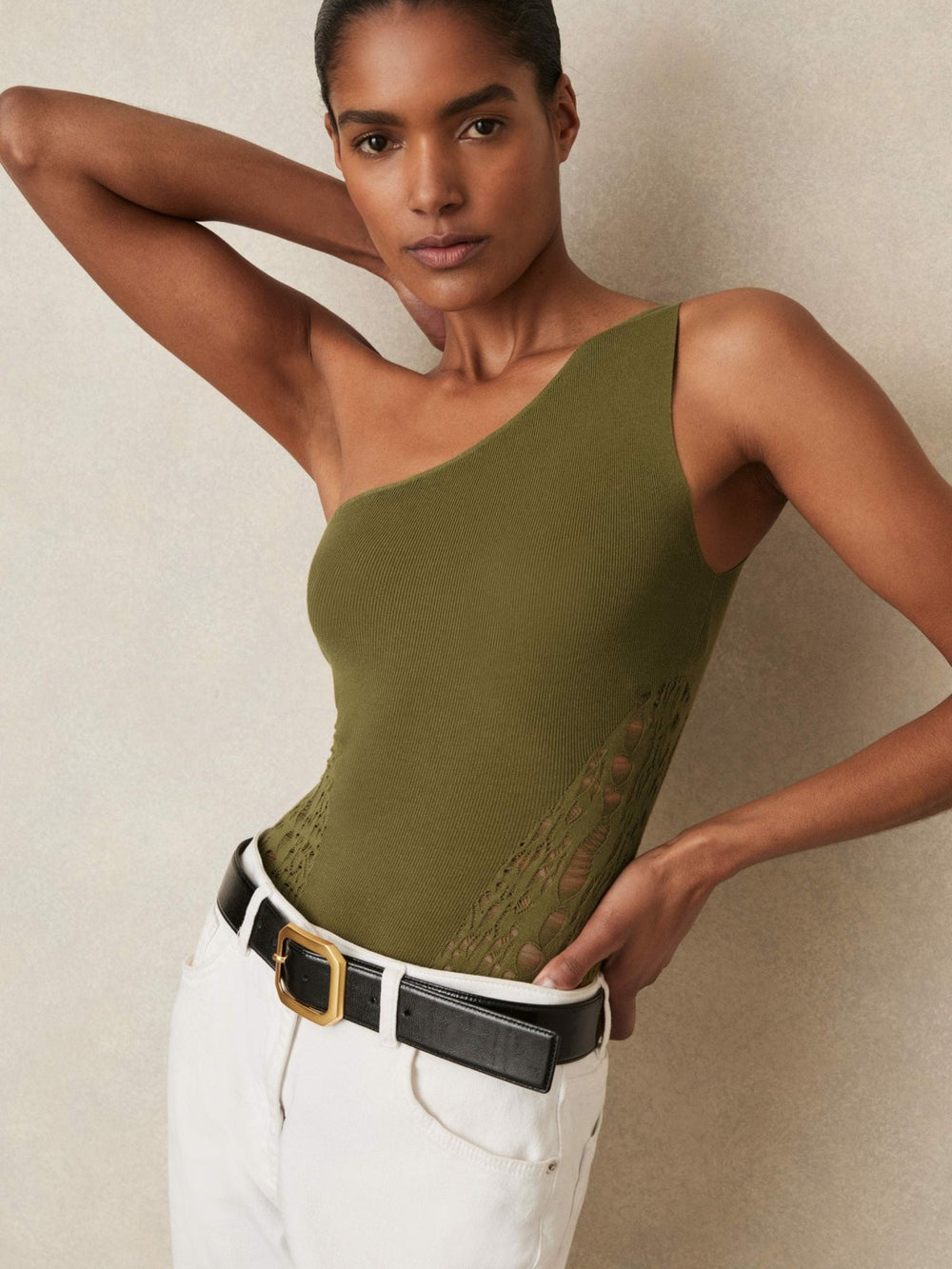 Women Lace-Knit Detail One-Shoulder Bodysuit in Green