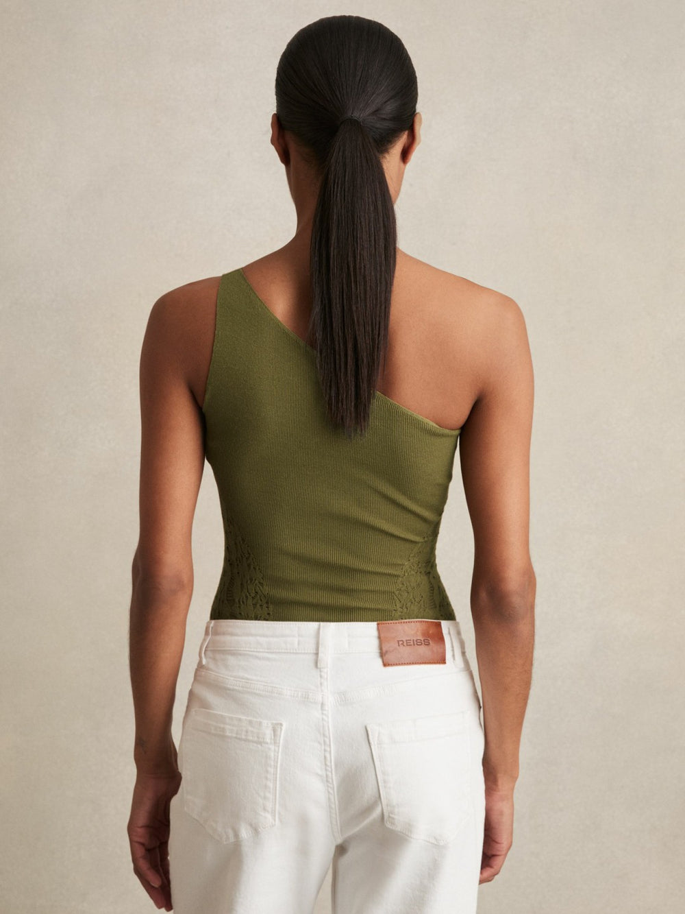 Women Lace-Knit Detail One-Shoulder Bodysuit in Green
