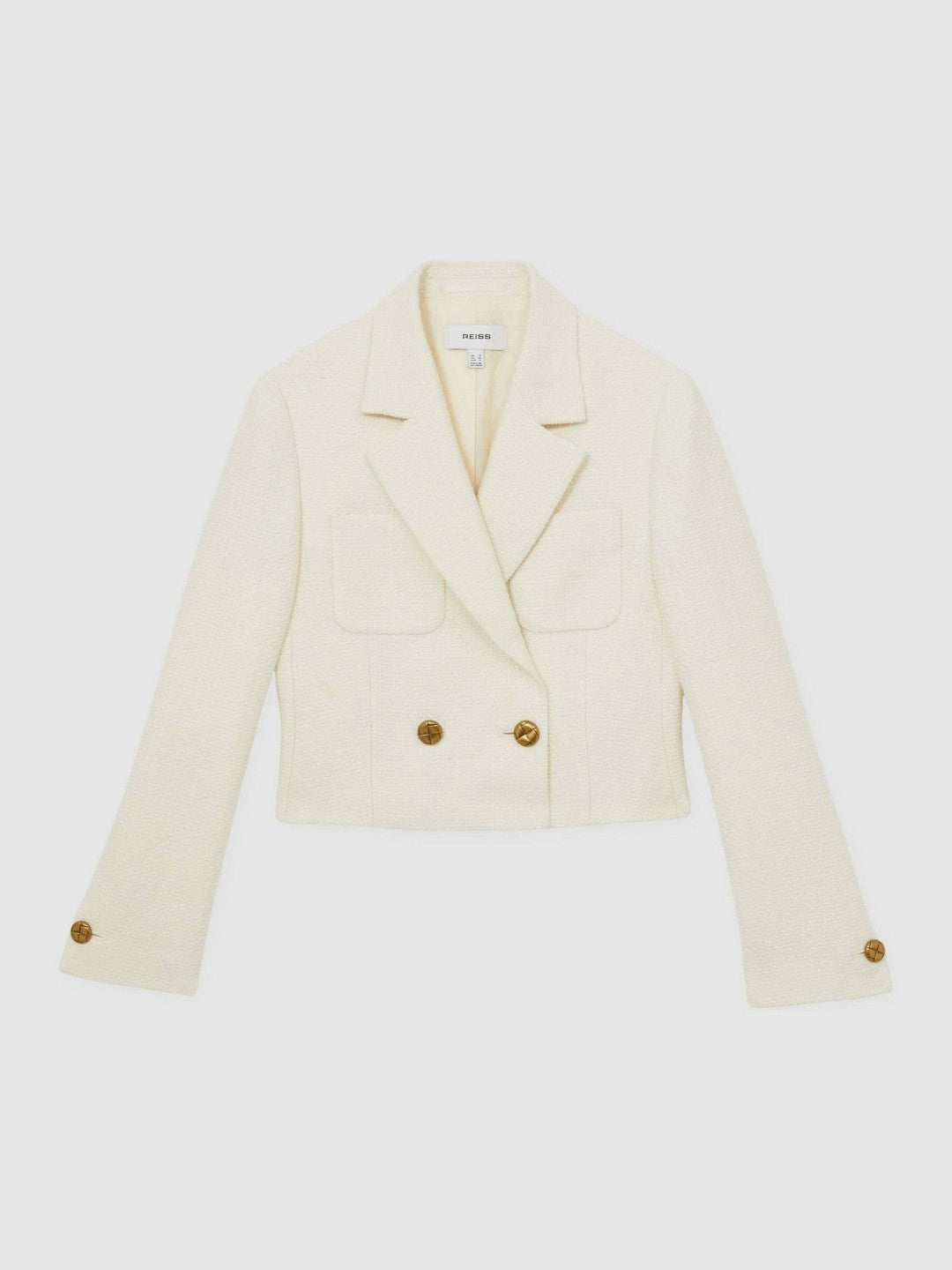 Women Double-Breasted Textured Cropped Blazer with Wool and Cotton in White