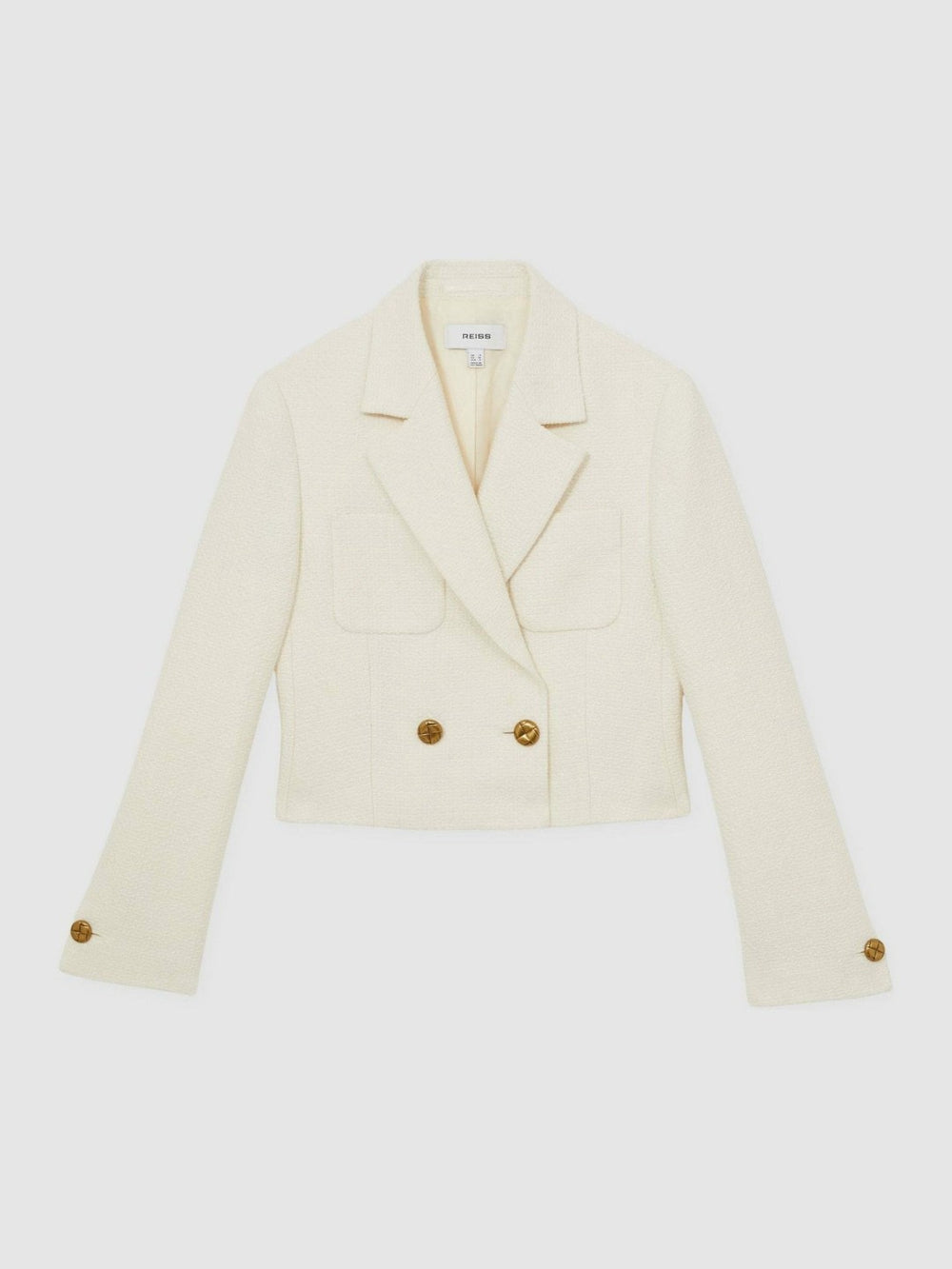 Women Double-Breasted Textured Cropped Blazer with Wool and Cotton in White