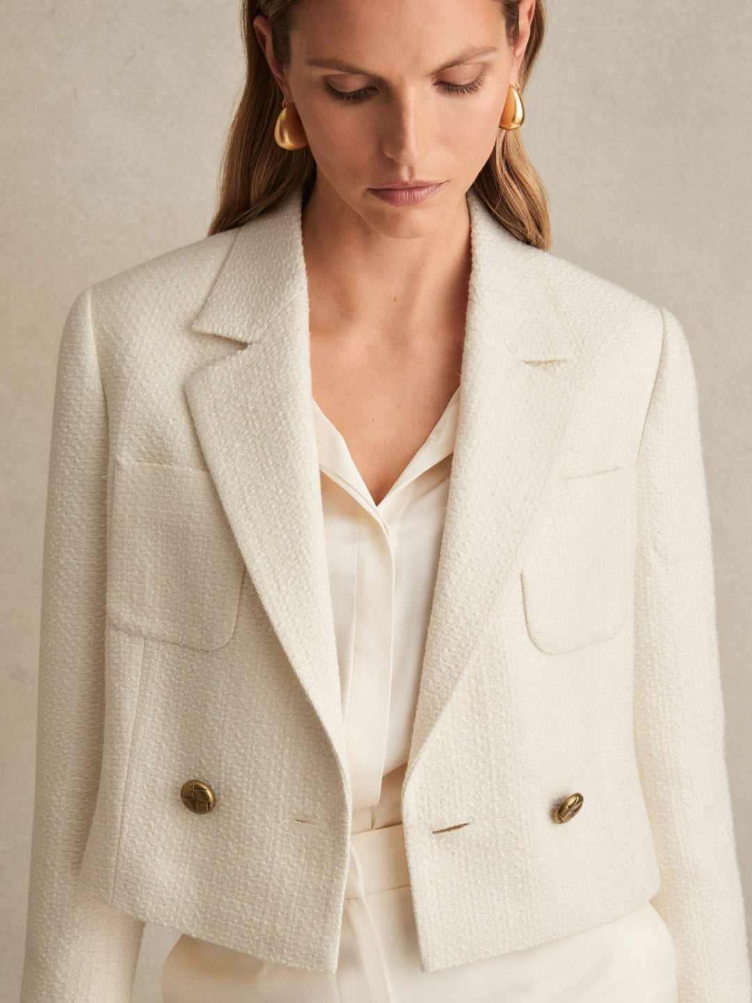 Women Double-Breasted Textured Cropped Blazer with Wool and Cotton in White