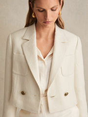 Women Double-Breasted Textured Cropped Blazer with Wool and Cotton in White