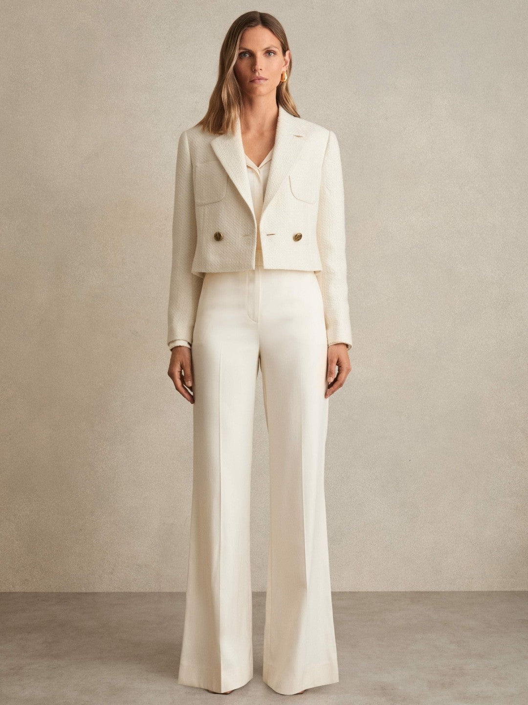 Women Double-Breasted Textured Cropped Blazer with Wool and Cotton in White