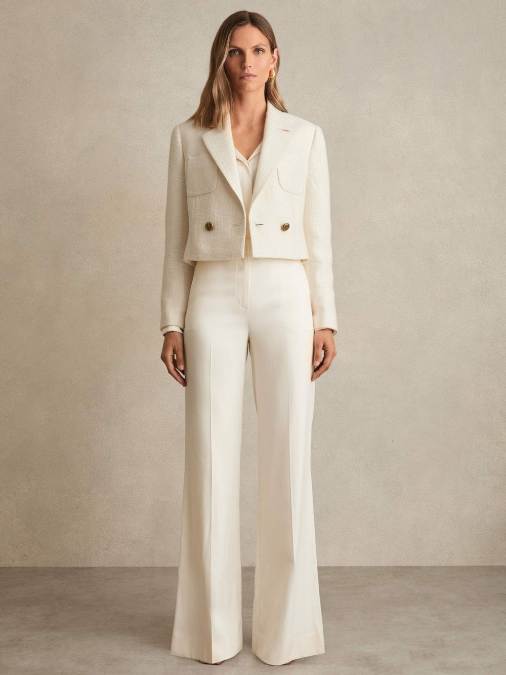 Women Double-Breasted Textured Cropped Blazer with Wool and Cotton in White