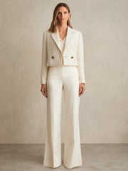 Women Double-Breasted Textured Cropped Blazer with Wool and Cotton in White