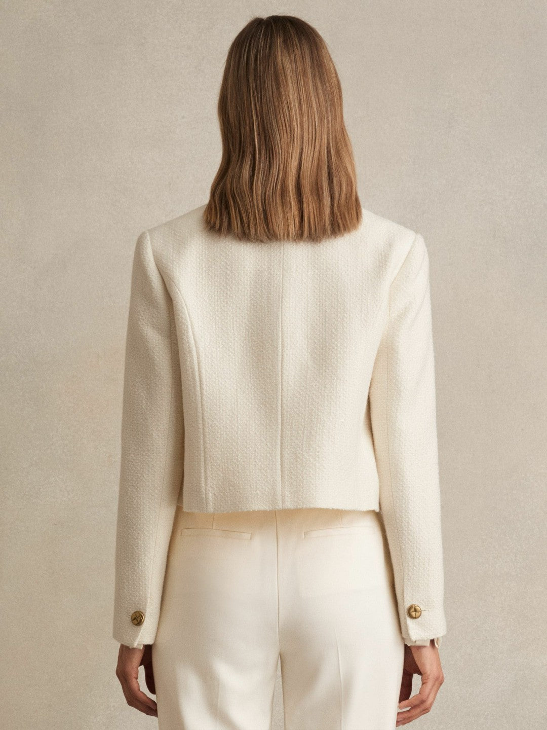 Women Double-Breasted Textured Cropped Blazer with Wool and Cotton in White