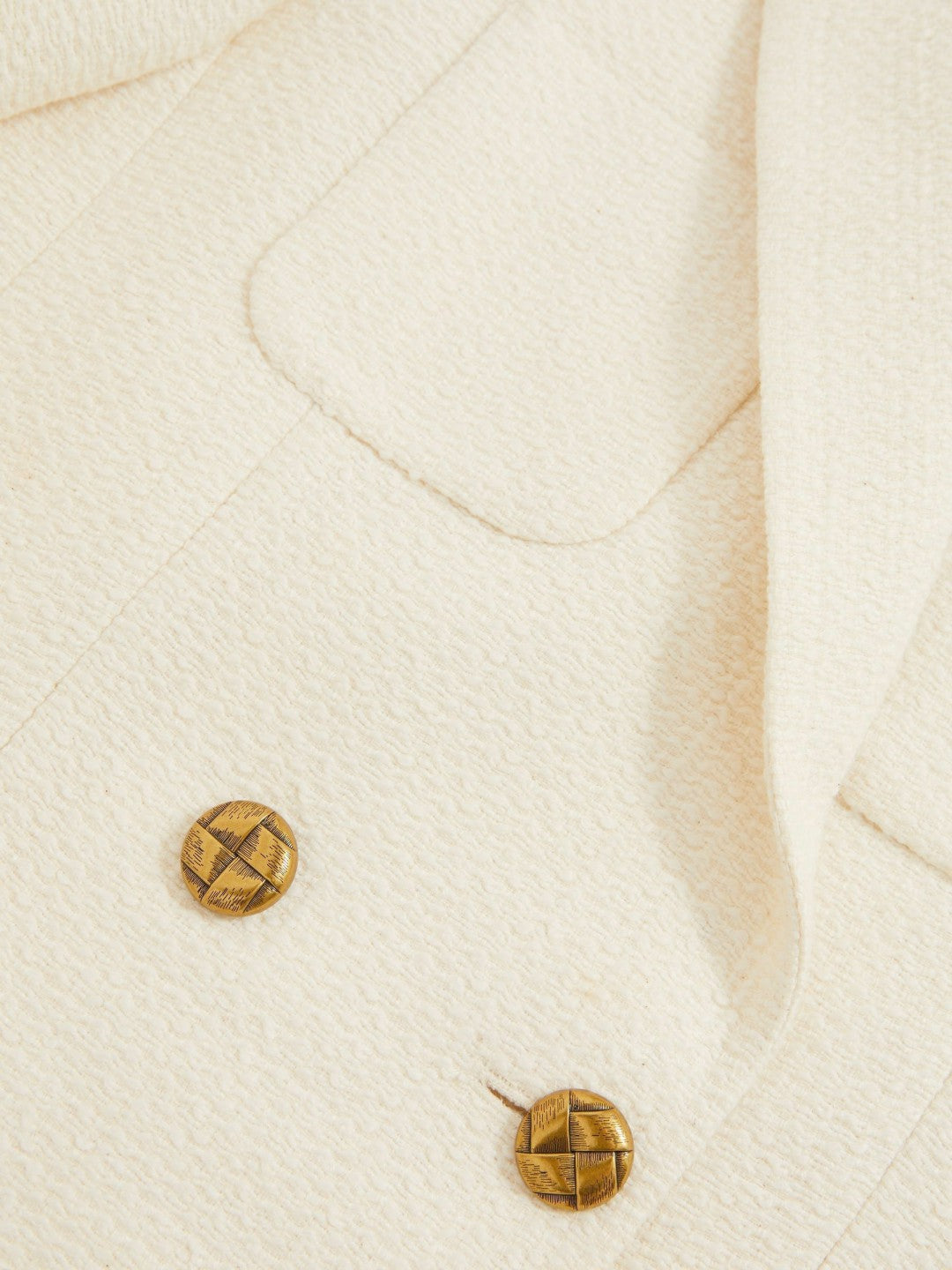 Women Double-Breasted Textured Cropped Blazer with Wool and Cotton in White