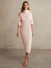 Women Draped-Front High-Neck Midi Dress in Pale Pink