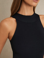Women Rib Knit High Neck Vest in Navy