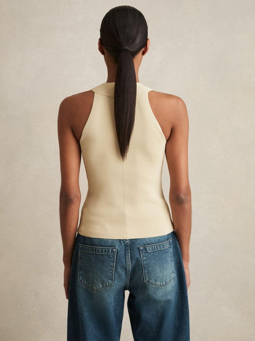 Women Rib Knit High Neck Vest in Ivory