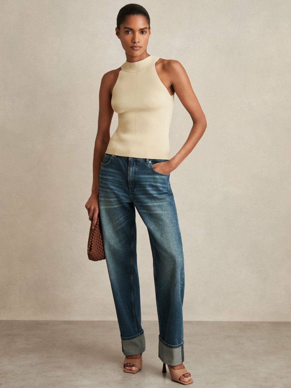 Women Rib Knit High Neck Vest in Ivory