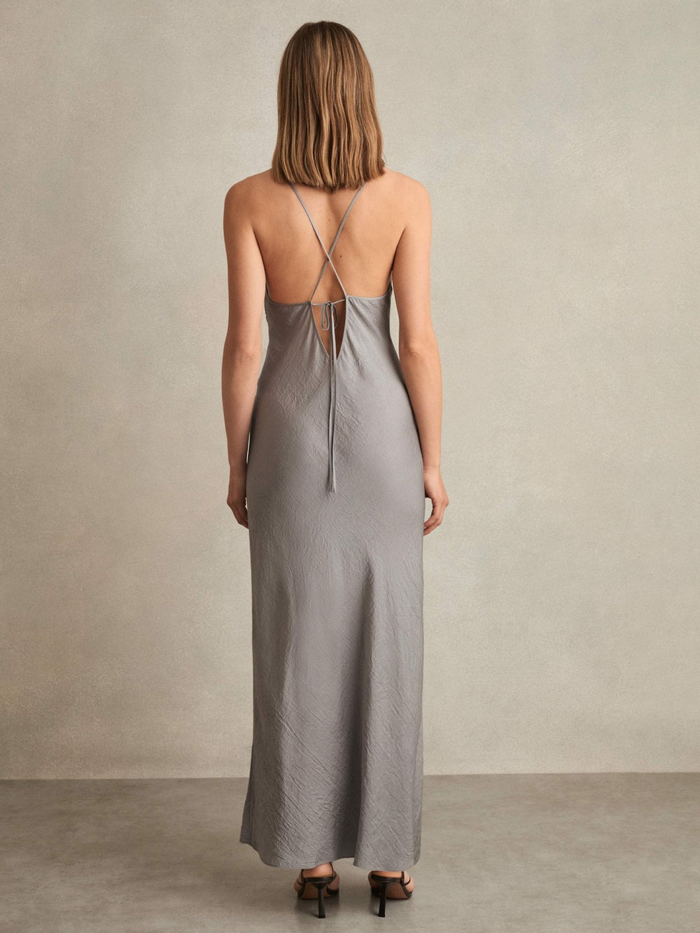 Women Crushed Satin Tie Back Slip Dress in Grey