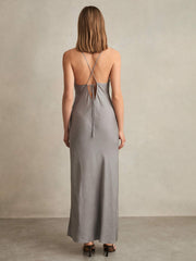 Women Crushed Satin Tie Back Slip Dress in Grey