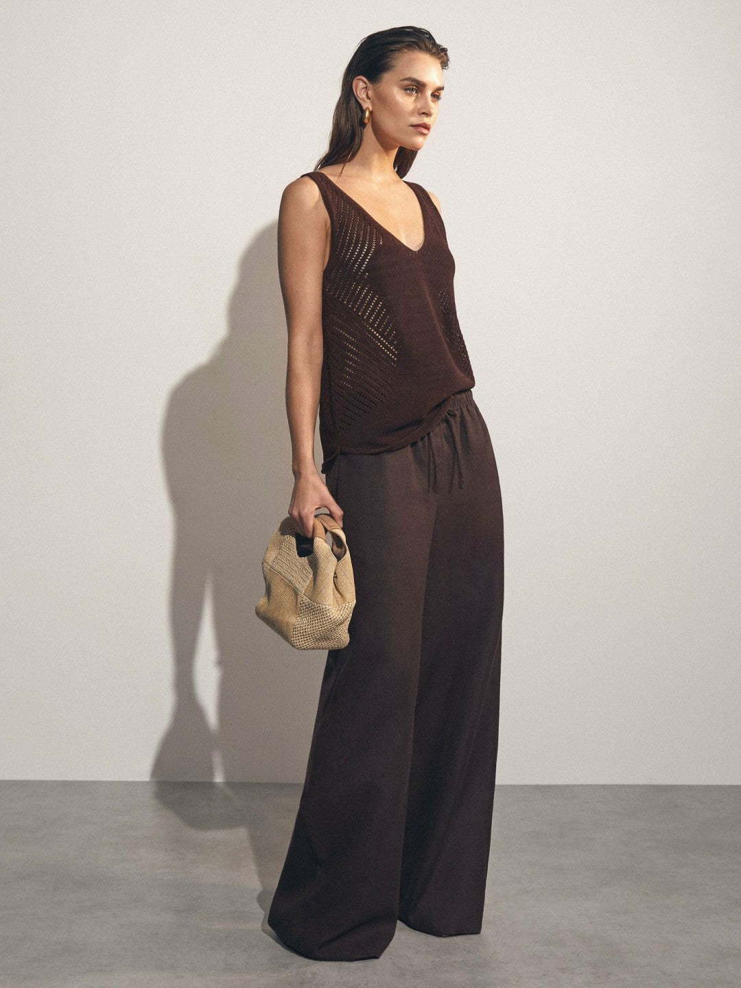 Women Cotton Blend Open Knit Vest in Chocolate Brown