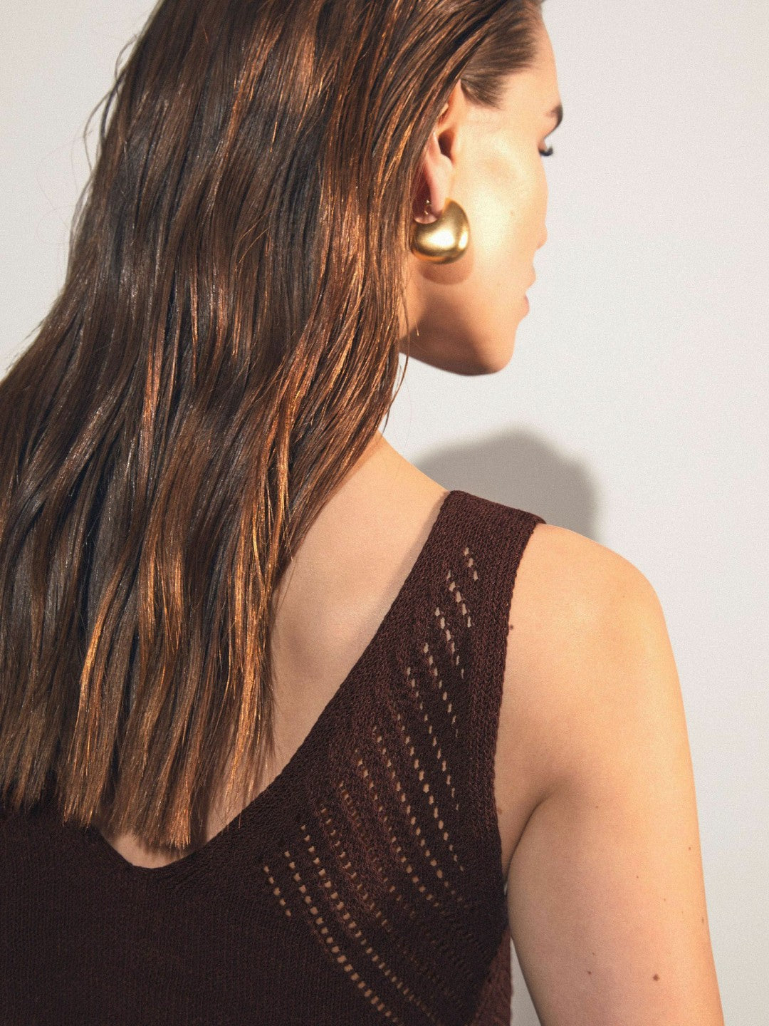 Women Cotton Blend Open Knit Vest in Chocolate Brown