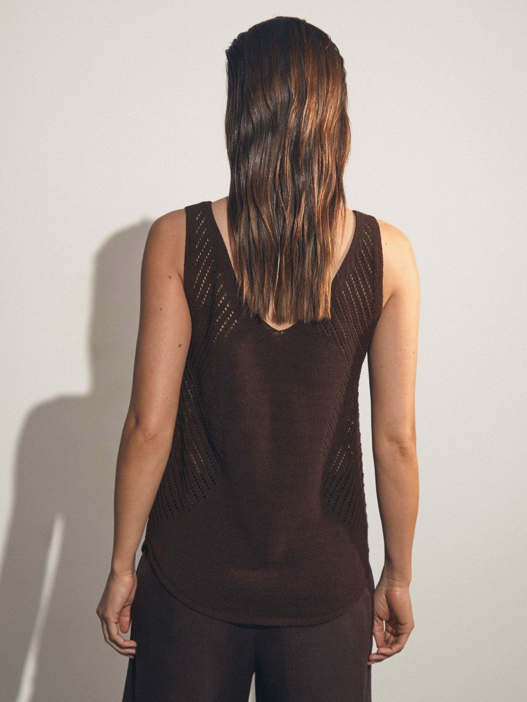 Women Cotton Blend Open Knit Vest in Chocolate Brown