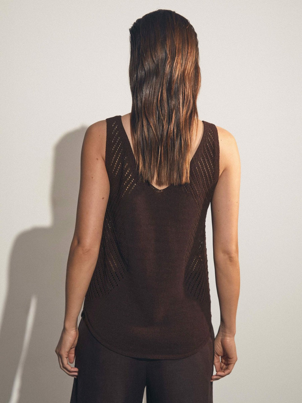 Women Cotton Blend Open Knit Vest in Chocolate Brown
