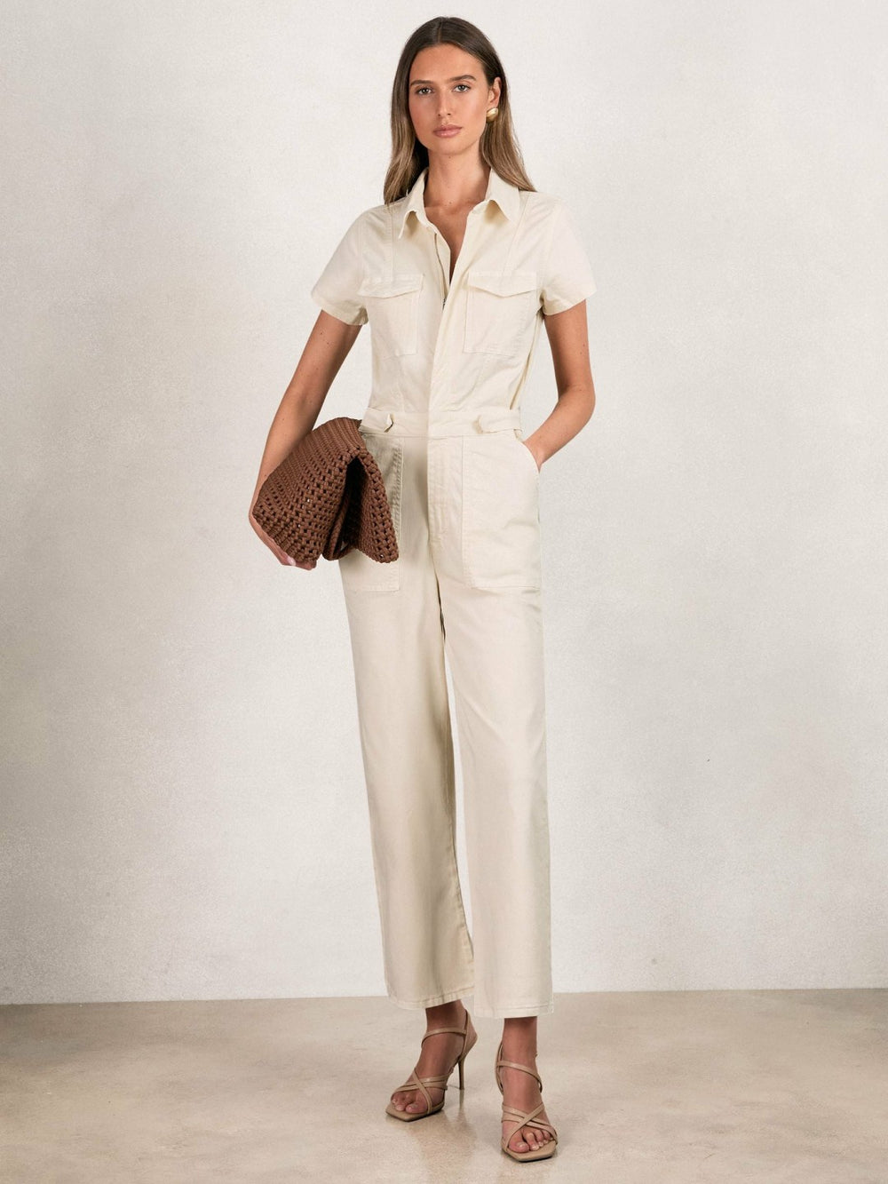 Women Good American Cotton Twill Jumpsuit with Stretch in Ecru