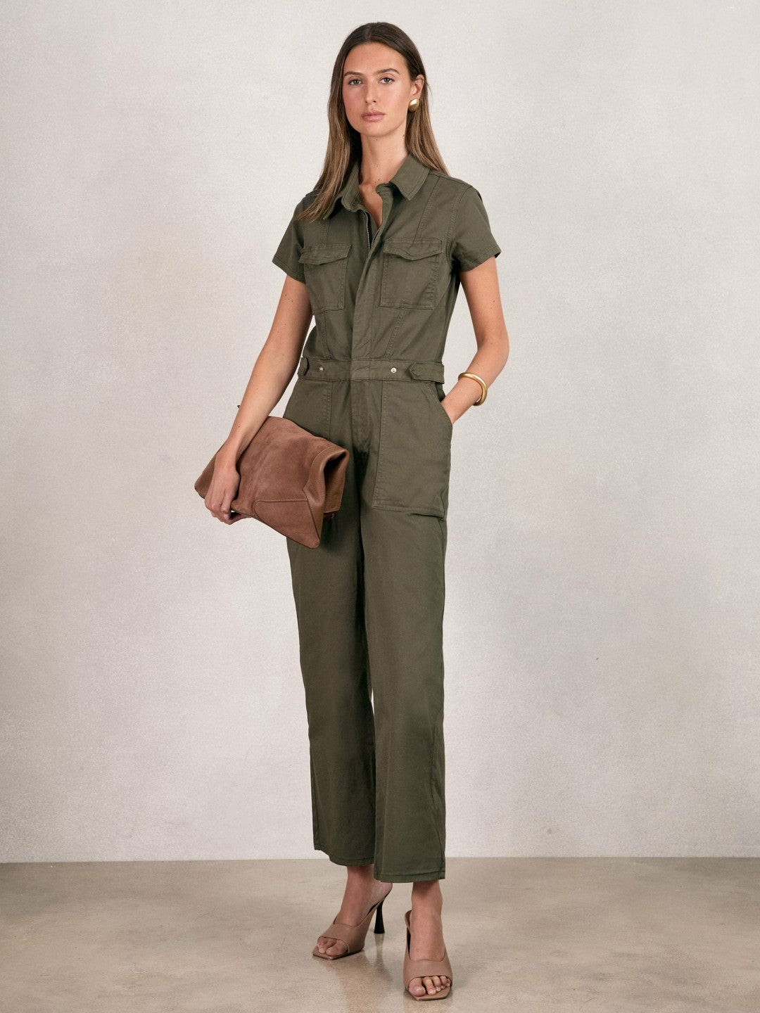 Women Good American Cotton Twill Jumpsuit with Stretch in Khaki