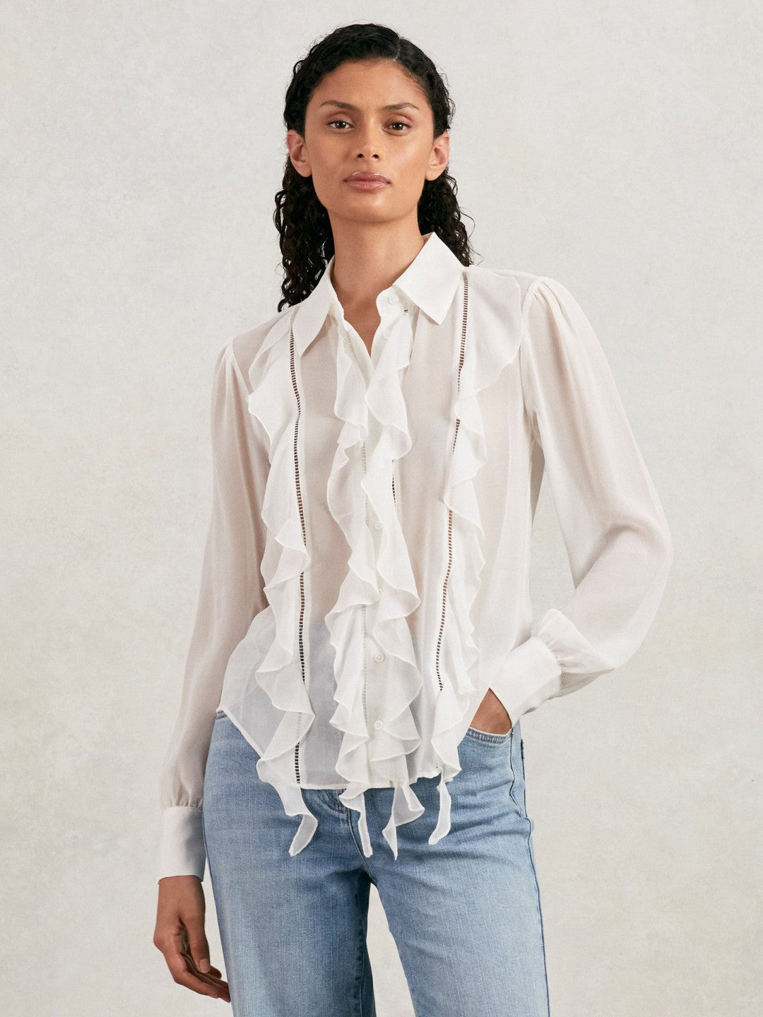 Women Paige Silk Georgette Ruffle Trim Shirt in White