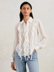 Women Paige Silk Georgette Ruffle Trim Shirt in White